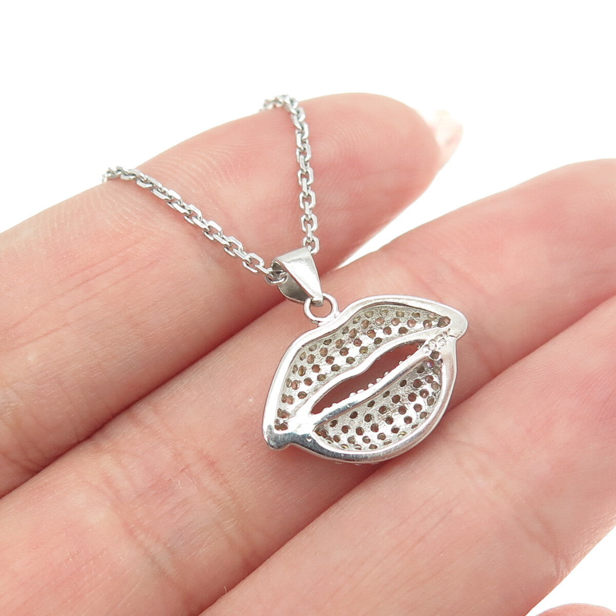 925 Sterling Silver Round-Cut C Z Lips Cable Chain Necklace 16"