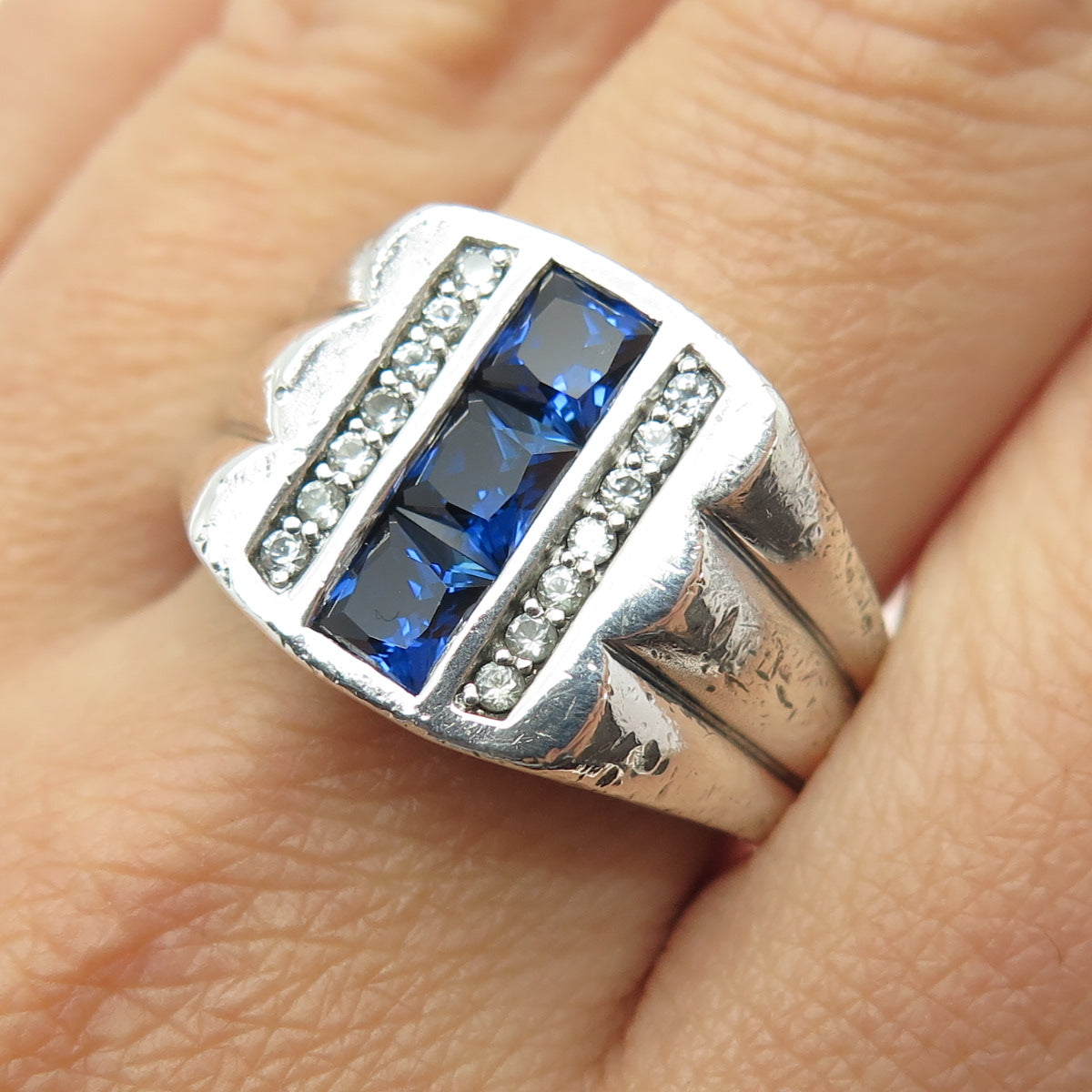 925 Sterling Silver Princess-Cut Lab-Created Sapphire White Topaz Ring Size 10.5