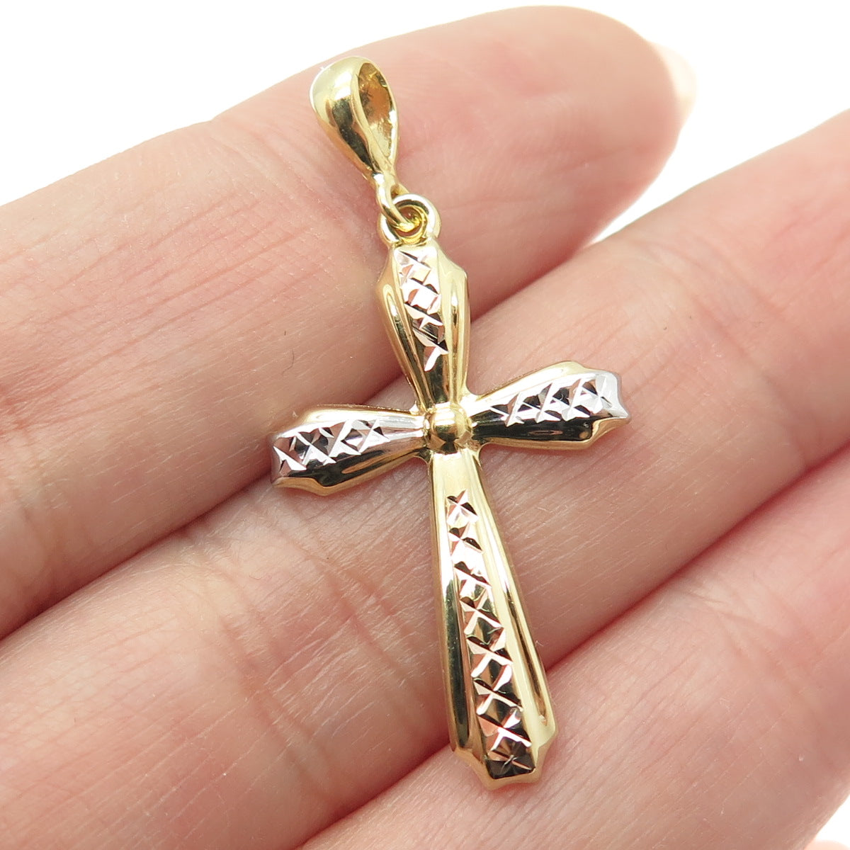 14K Yellow & White Gold Diamond-Cut Cross Religious Charm Pendant