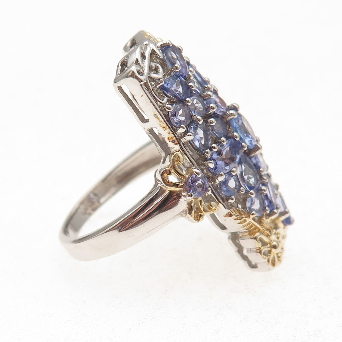 Chuck Clemency 925 Sterling Silver 2-Tone Real Tanzanite Floral Ring Size 8