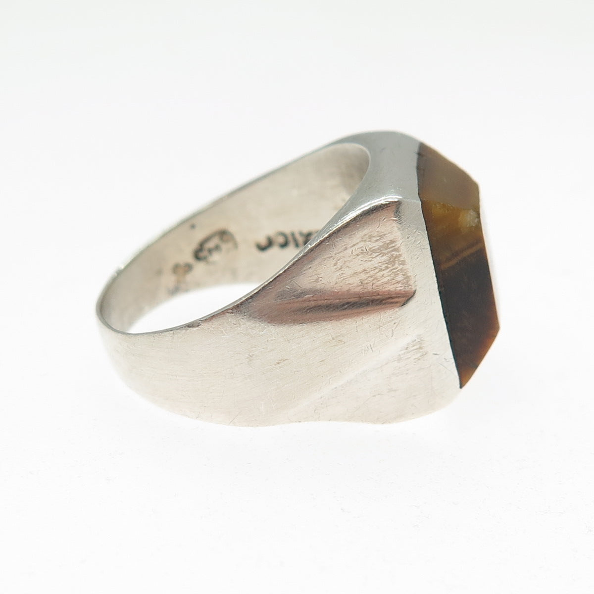 925 Sterling Silver Vintage Mexico Real Tiger Eye Modernist Ring Size 8.75
