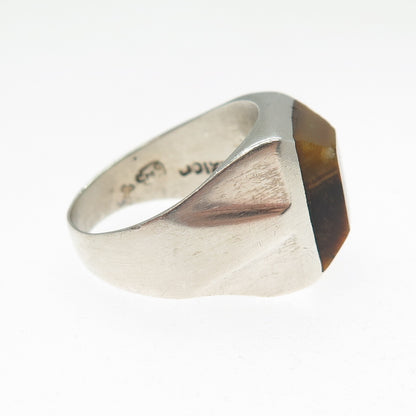 925 Sterling Silver Vintage Mexico Real Tiger Eye Modernist Ring Size 8.75