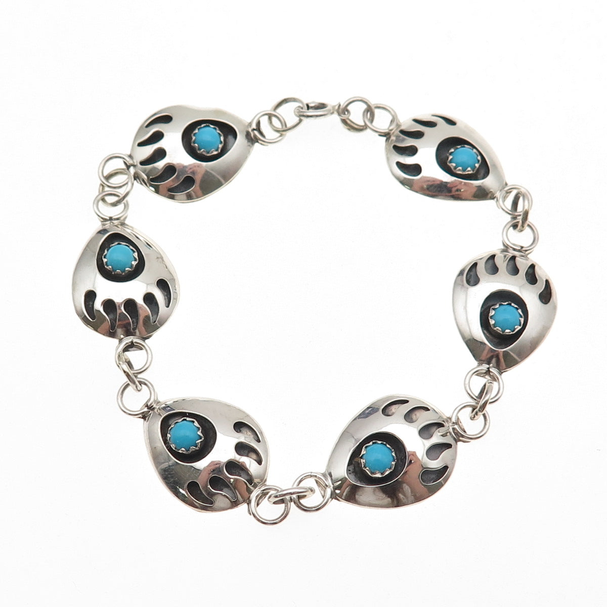 Sally Jack Navajo Old Pawn 925 Sterling Vintage Turquoise Bear Paw Bracelet 7"