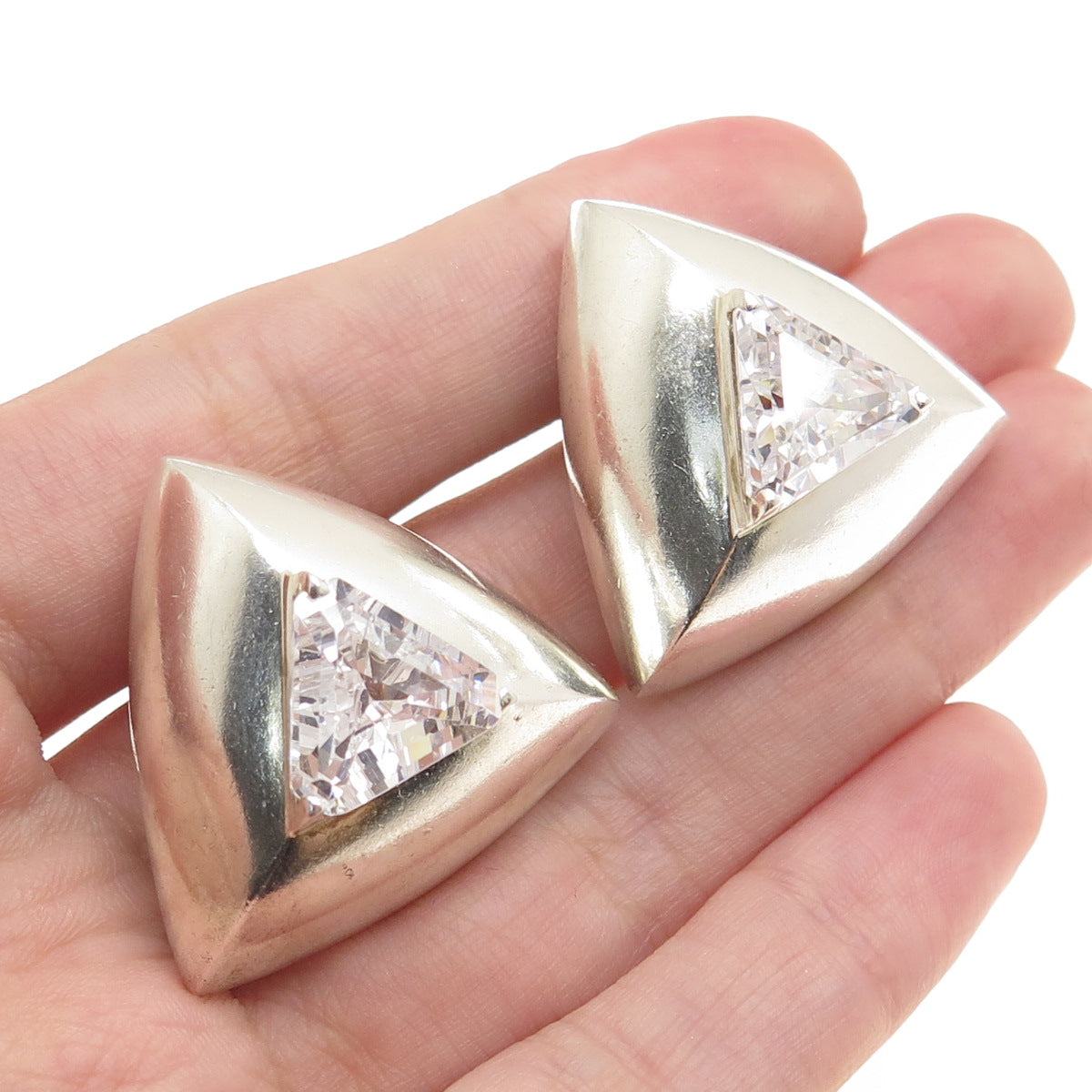 PB PAUL BRACKNA 925 Sterling Silver Vintage Triangle-Cut C Z Clip On Earrings