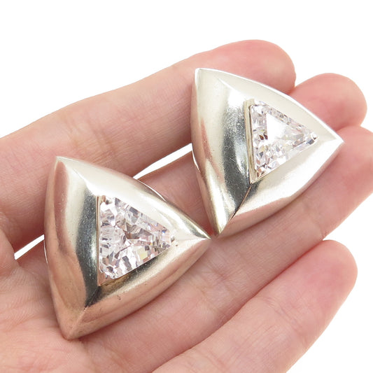 PB PAUL BRACKNA 925 Sterling Silver Vintage Triangle-Cut C Z Clip On Earrings
