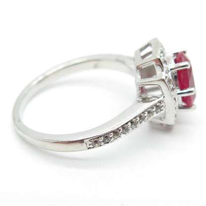 SAI 925 Sterling Silver Real White Topaz Gem & Lab-Created Ruby Ring Size 7.25