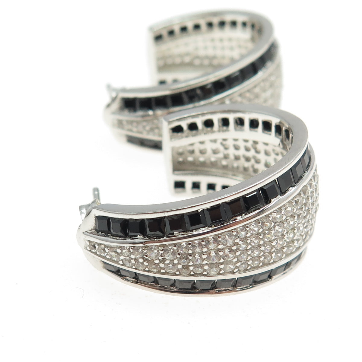 925 Sterling Silver Multi-Cut Black & White C Z Wide Hoop Earrings