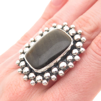 925 Sterling Silver Vintage Real Obsidian Beaded Adjustable Ring Size 7