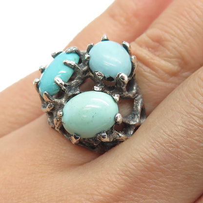 925 Sterling Silver Vintage Real Turquoise Gemstone Modernist Ring Size 6.25