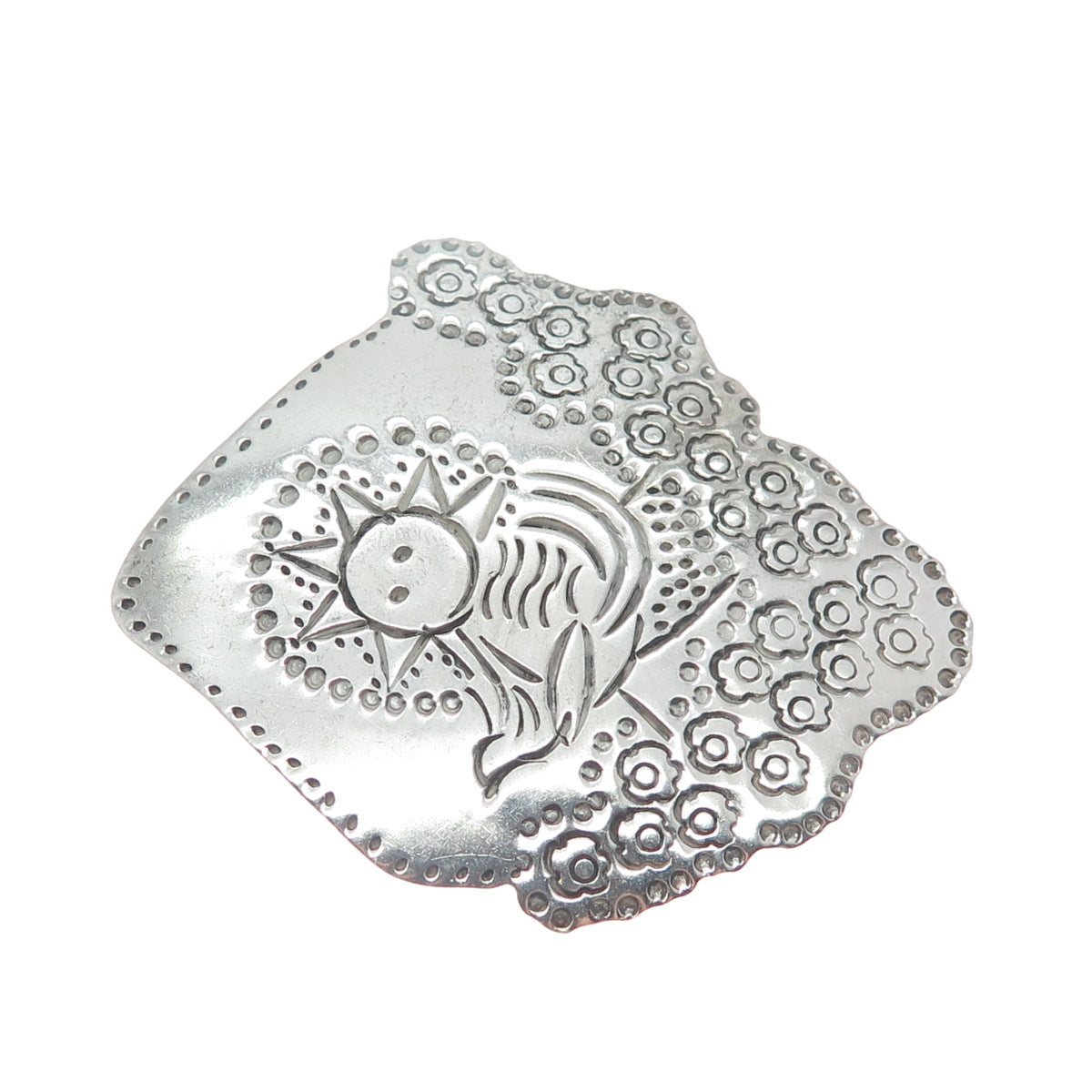 LOS BALLESTEROS Sterling Silver Vintage Mexico Sun & Bird Landscape Pin Brooch