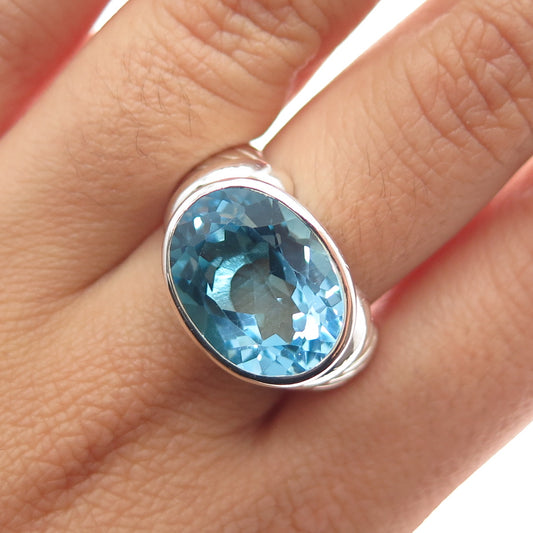 SAJEN 925 Sterling Silver Vintage Real Blue Topaz Modernist Ring Size 8.25