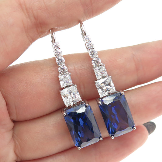 925 Sterling Silver Radiant & Princess-Cut Blue White C Z Graduated Earrings