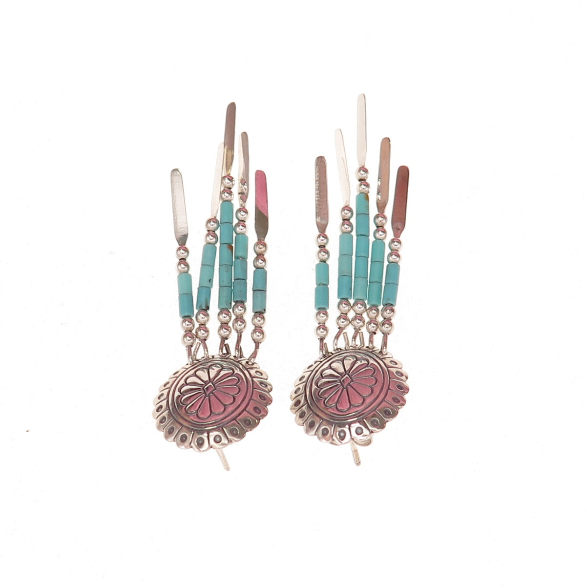 Quoc Turquoise Old Pawn Sterling Silver Vintage Concho Tribal Dangle Earrings