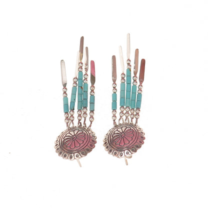 Quoc Turquoise Old Pawn Sterling Silver Vintage Concho Tribal Dangle Earrings