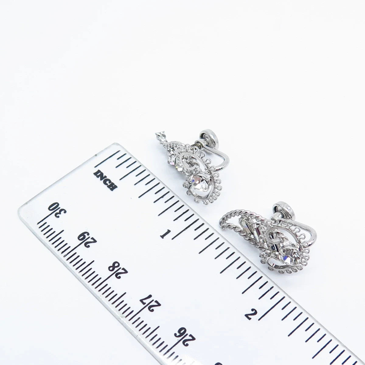 925 Sterling Silver Vintage Rhinestone Ornate Screw Back Earrings