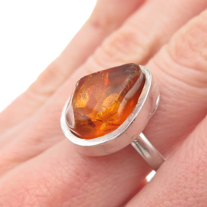 925 Sterling Silver Vintage Real Amber Modernist Ring Size 8
