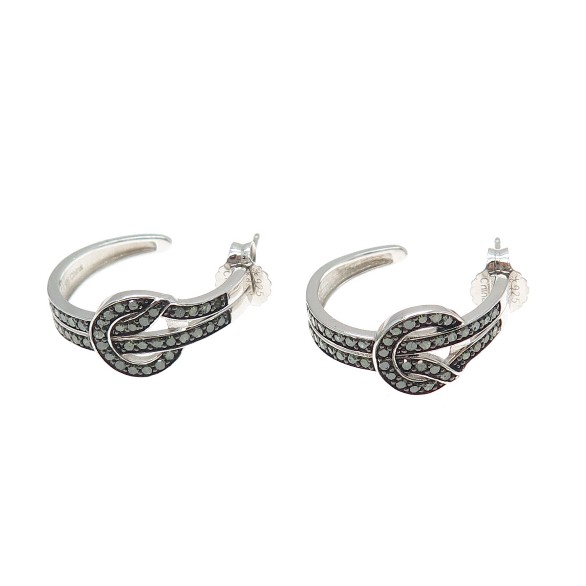 925 Sterling Silver Real Round-Cut Green Diamond Knot Hoop Earrings