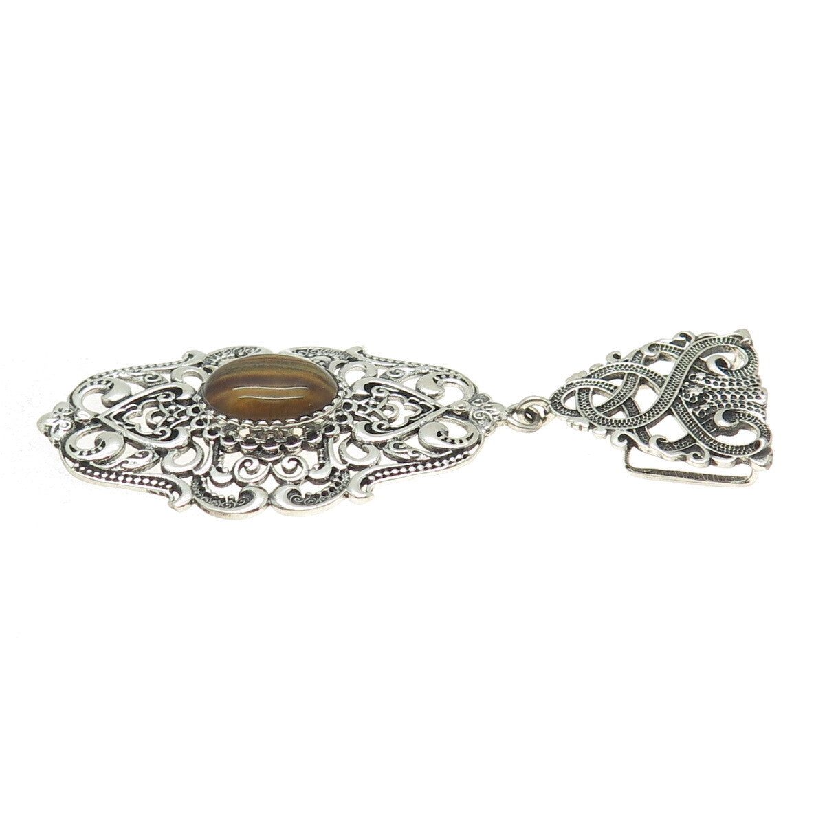 925 Sterling Silver Vintage Real Tiger Eye Celtic Knot Swirl Oxidized Pendant