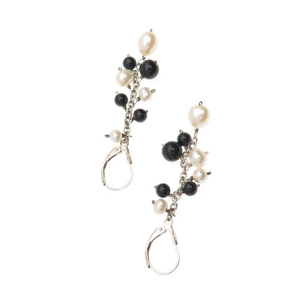 925 Sterling Silver Vintage Real Pearl & Black Onyx Ball Beads Dangle Earrings