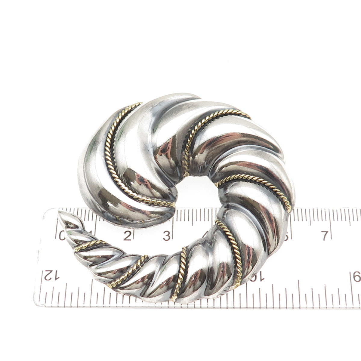 LATON 925 Sterling Silver 2-Tone Vintage Mexico Ribbed Spiral Pin Brooch Pendant