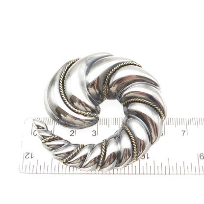 LATON 925 Sterling Silver 2-Tone Vintage Mexico Ribbed Spiral Pin Brooch Pendant