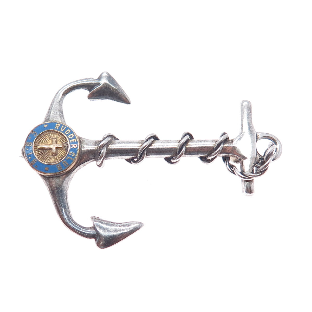 925 Sterling Silver Antique Art Deco Enamel Rudder Club Anchor Oxidized Brooch