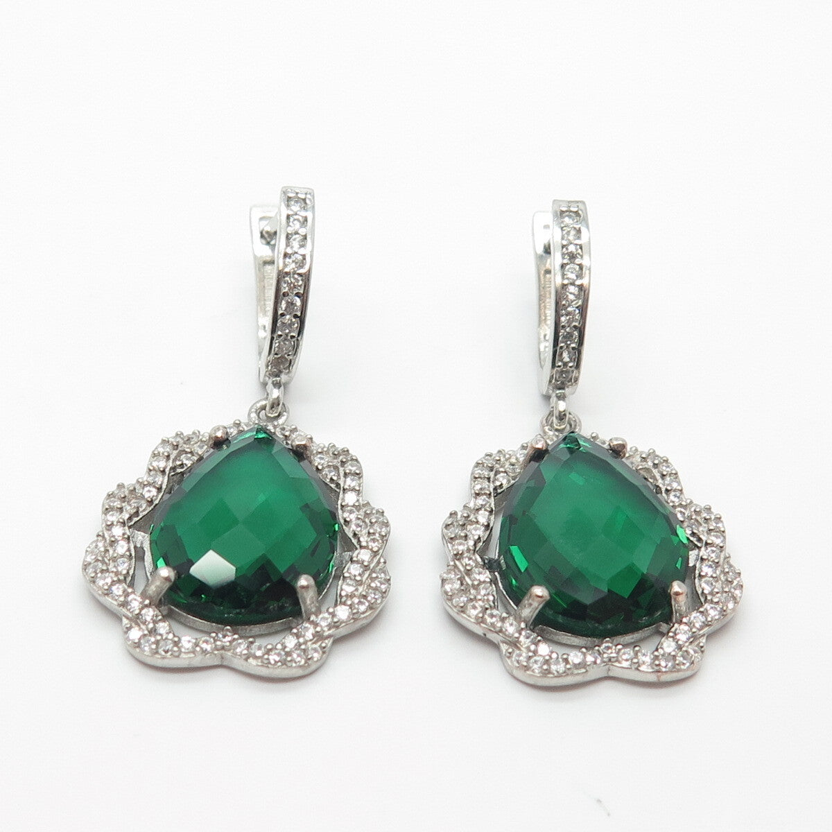 925 Sterling Silver White & Green C Z Dangling Earrings