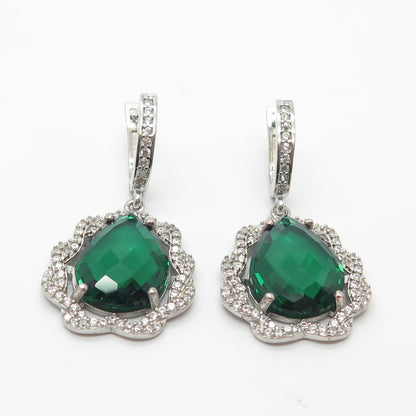 925 Sterling Silver White & Green C Z Dangling Earrings