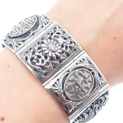 925 Sterling Silver Vintage Chinese Character & Floral Oxidized Bracelet 6.75"