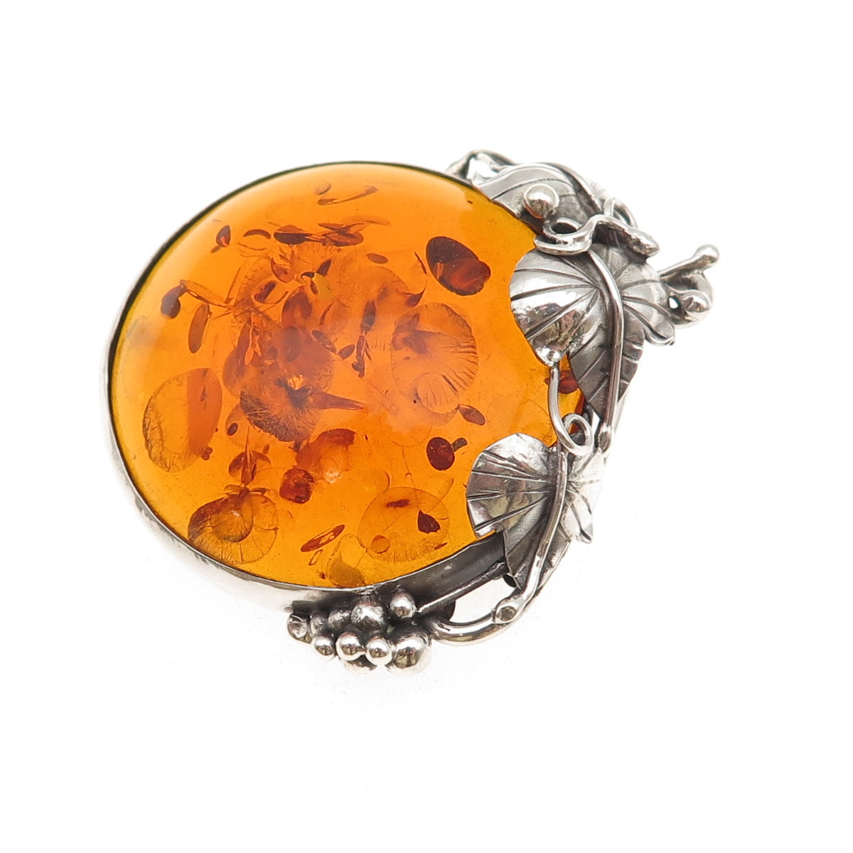925 Sterling Silver Vintage Real Amber Modernist Floral Oxidized Pin Brooch