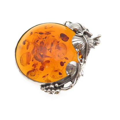 925 Sterling Silver Vintage Real Amber Modernist Floral Oxidized Pin Brooch