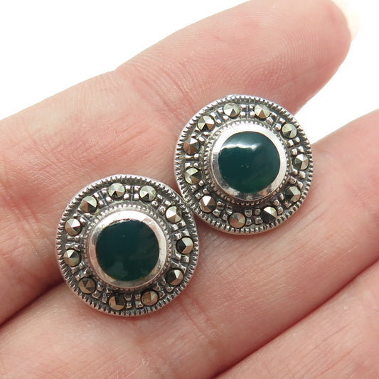 DBJ DEE BERKLEY 925 Sterling Silver Vintage Real Green Onyx & Marcasite Earrings