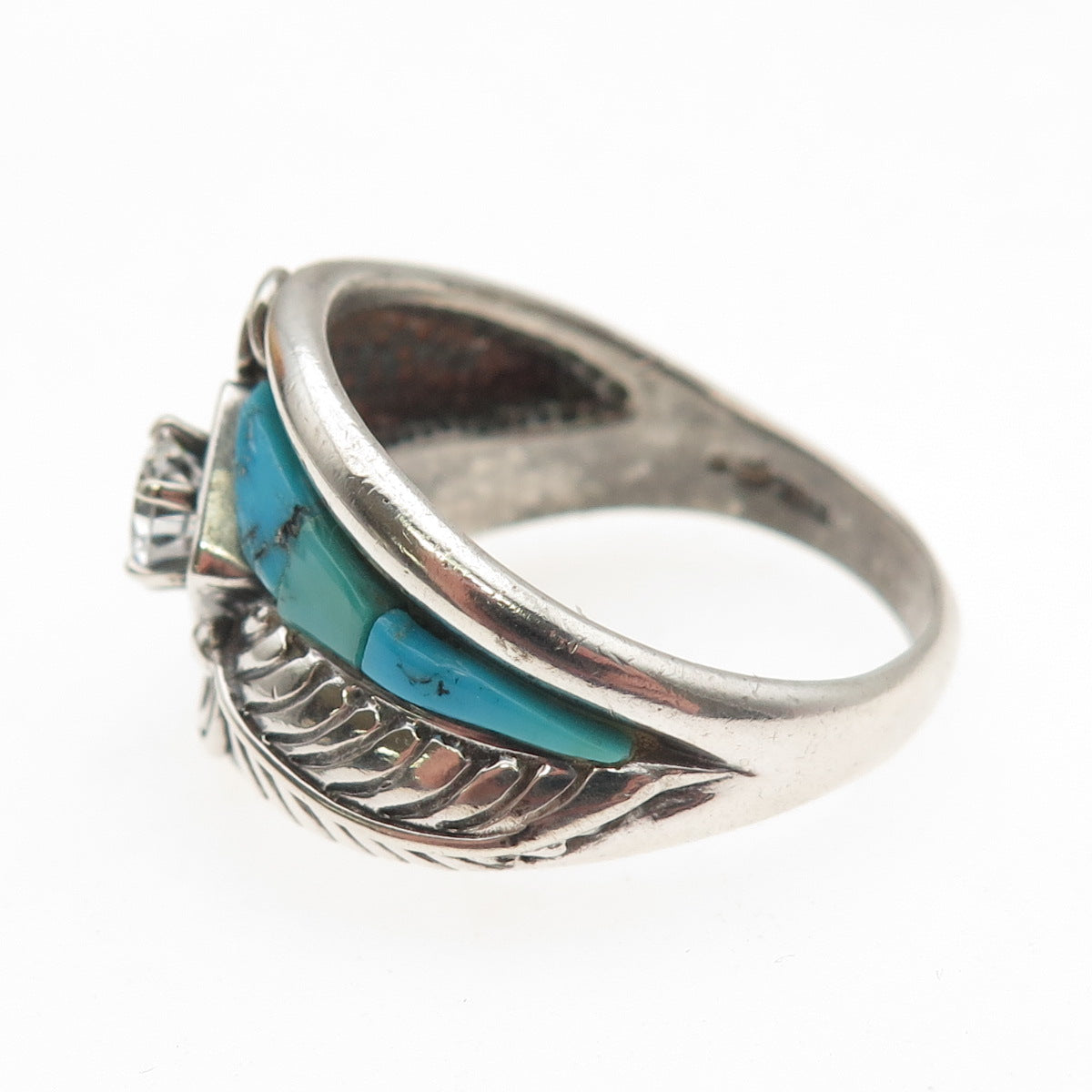 Carolyn Pollack Old Pawn Sterling Vintage Turquoise C Z Feather Ring Size 12.75