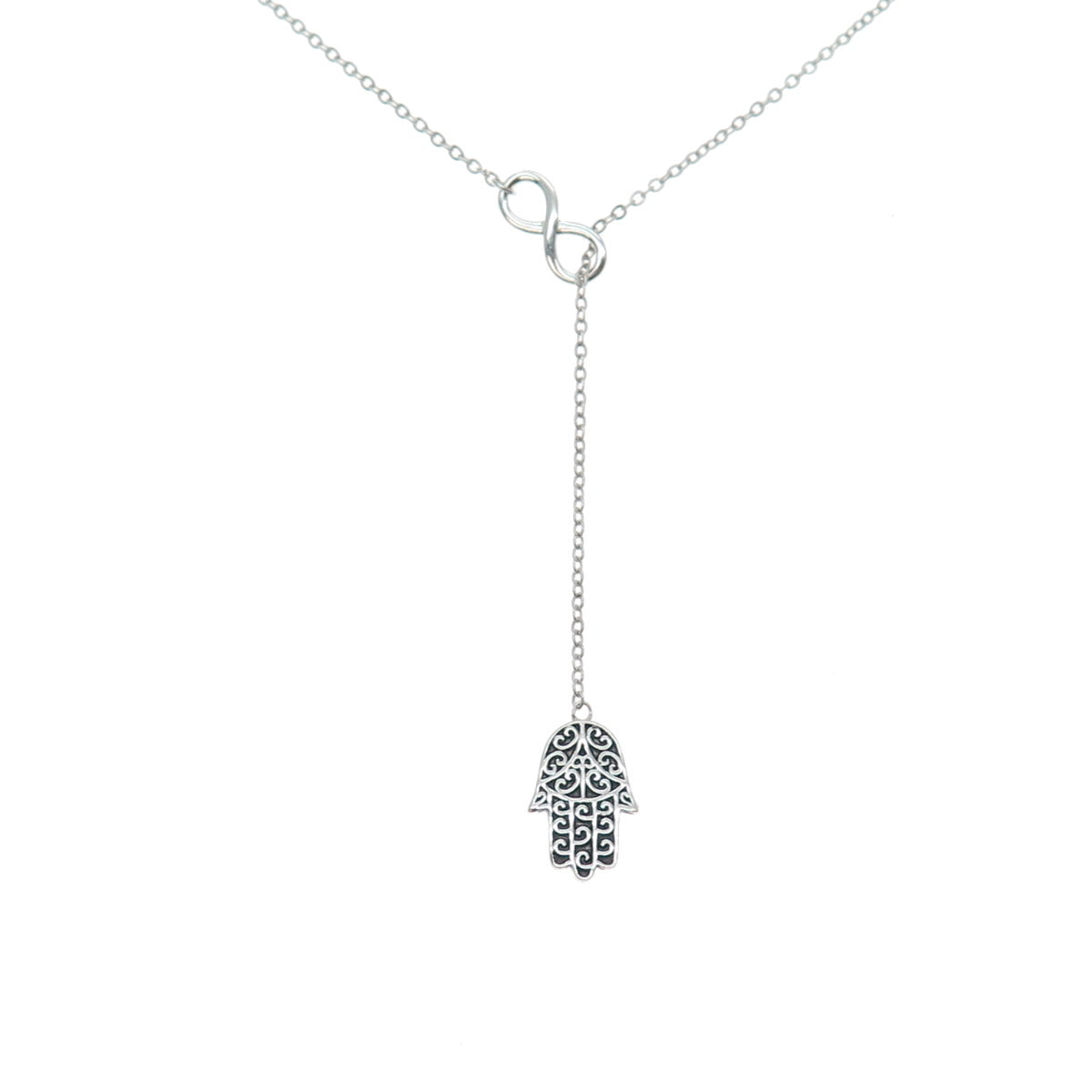 925 Sterling Silver Vintage Hamsa Amulet Lariat Adjustable Chain Necklace 16-20"