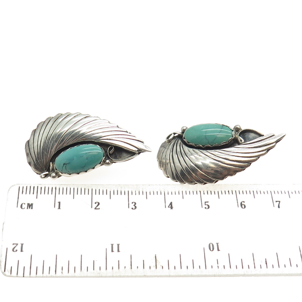 Old Pawn 925 Sterling Silver Vintage Mountain Turquoise Feather Clip On Earrings