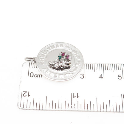 925 Sterling Silver Vintage Rhinestone Santa Merry Christmas Charm Pendant