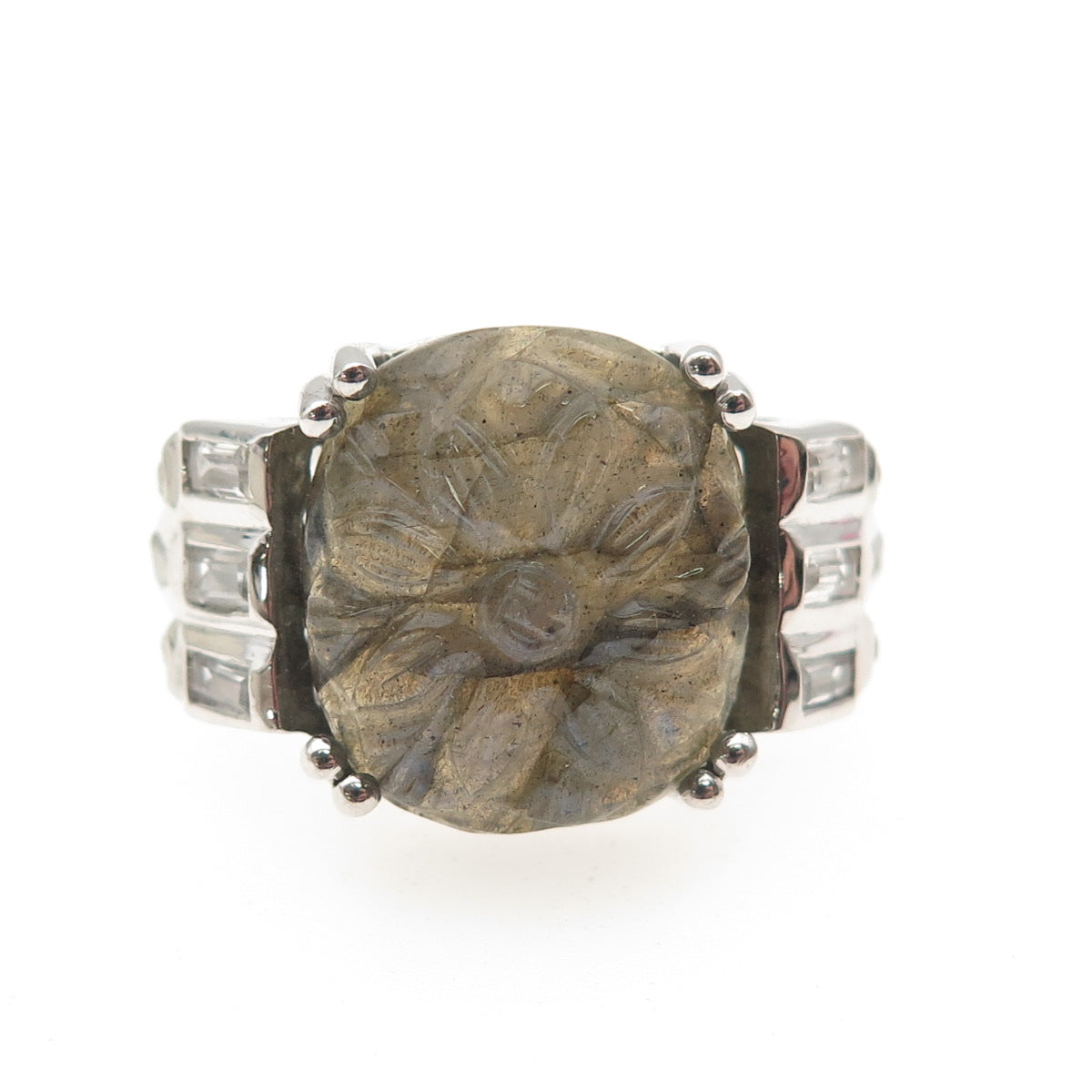 925 Sterling Silver Real Labradorite & White Topaz Carved Flower Ring Size 6.25
