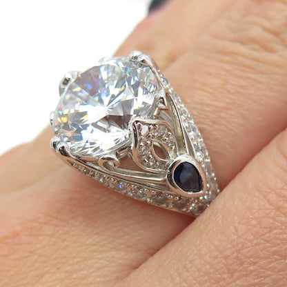 925 Sterling Silver Pear & Round-Cut Blue & White C Z Ring Size 7.25