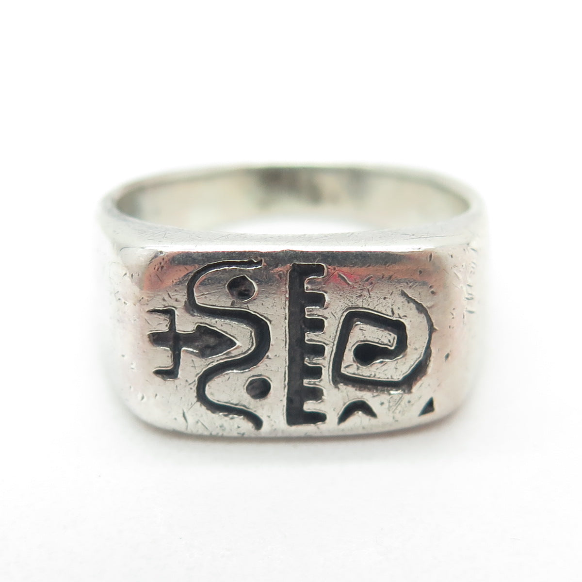 925 Sterling Silver Vintage Tribal Symbol Bar Signet Ring Size 7.75