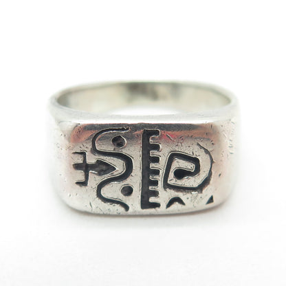 925 Sterling Silver Vintage Tribal Symbol Bar Signet Ring Size 7.75