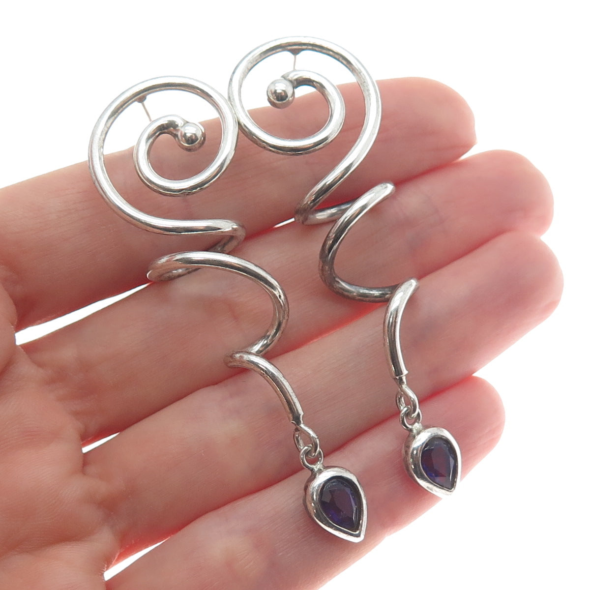 925 Sterling Silver Vintage Real Pear-Cut Amethyst Gem Spiral Dangle Earrings