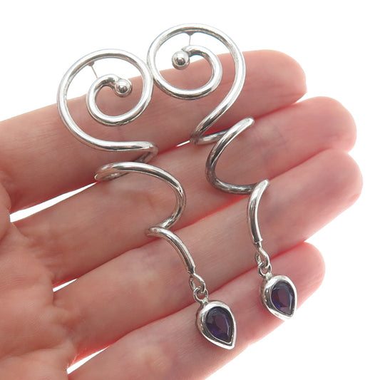 925 Sterling Silver Vintage Real Pear-Cut Amethyst Gem Spiral Dangle Earrings