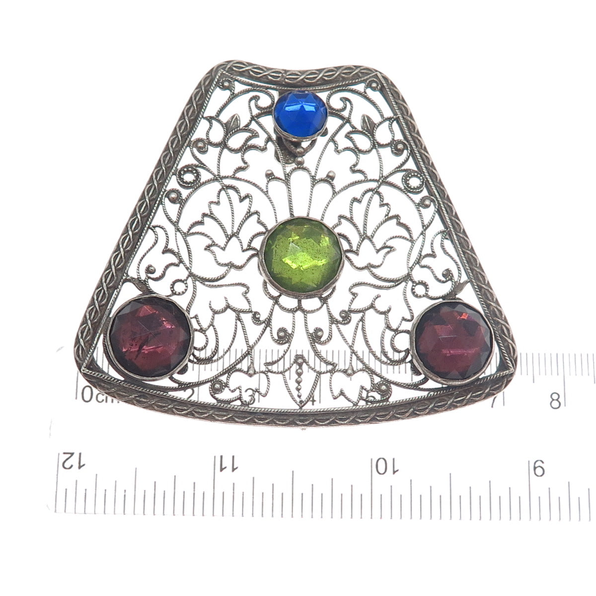 800 Silver Antique Blue Green & Purple Rhinestone Filigree Oxidized Pendant