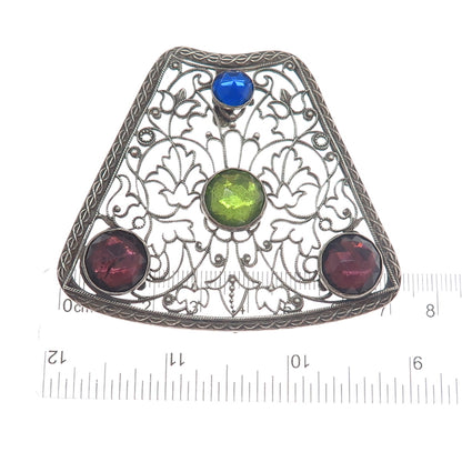 800 Silver Antique Blue Green & Purple Rhinestone Filigree Oxidized Pendant