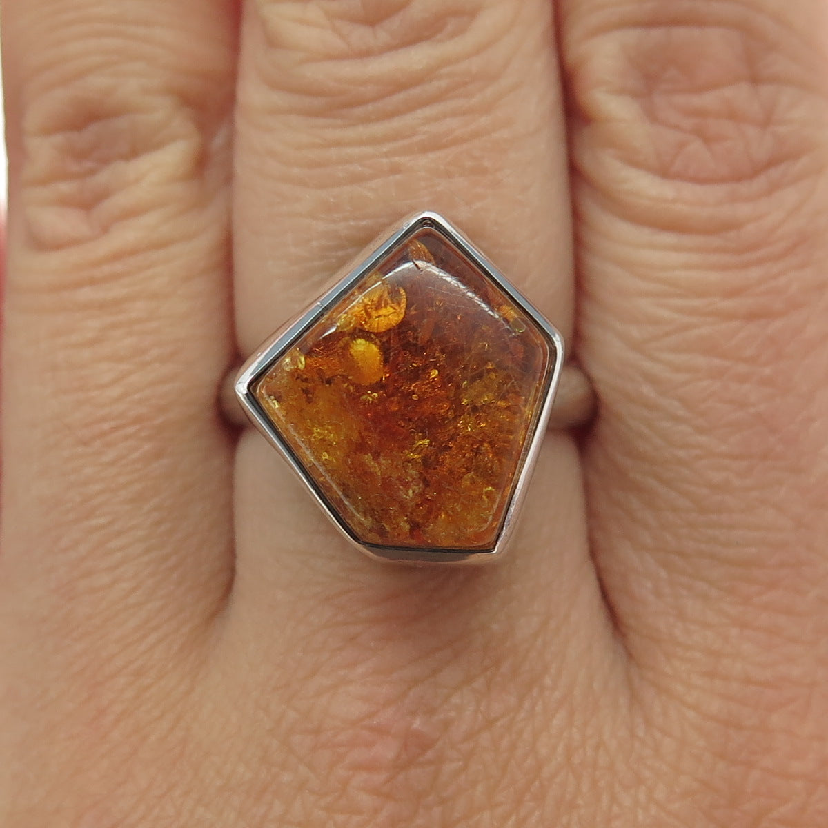 925 Sterling Silver Vintage Real Baltic Amber Modernist Ring Size 9