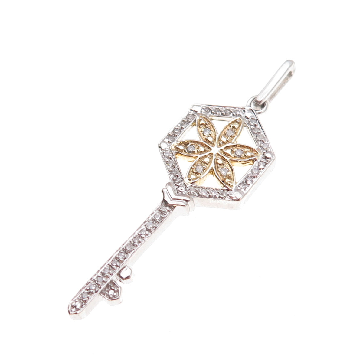 925 Sterling Silver 2-Tone Real Round-Cut Diamond Floral Key Charm Pendant