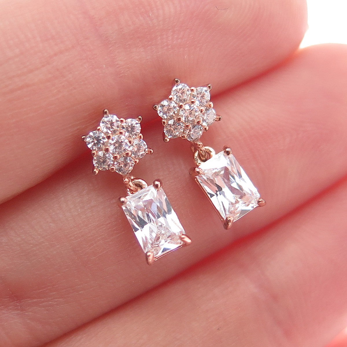 925 Sterling Silver Rose Gold Plated Radiant & Round-Cut C Z Dangle Earrings