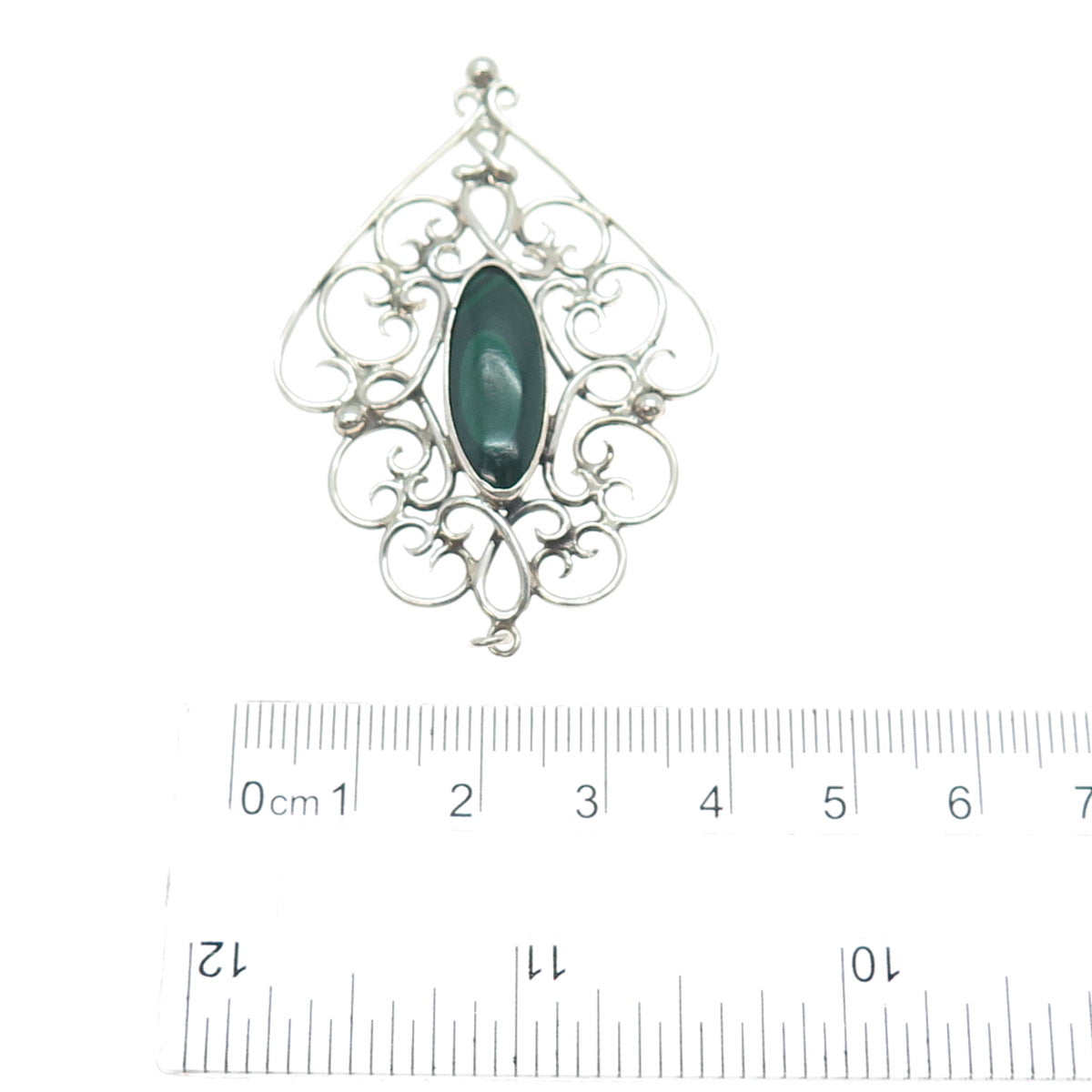 925 Sterling Silver Vintage Real Malachite Swirl Ornate Charm Pendant