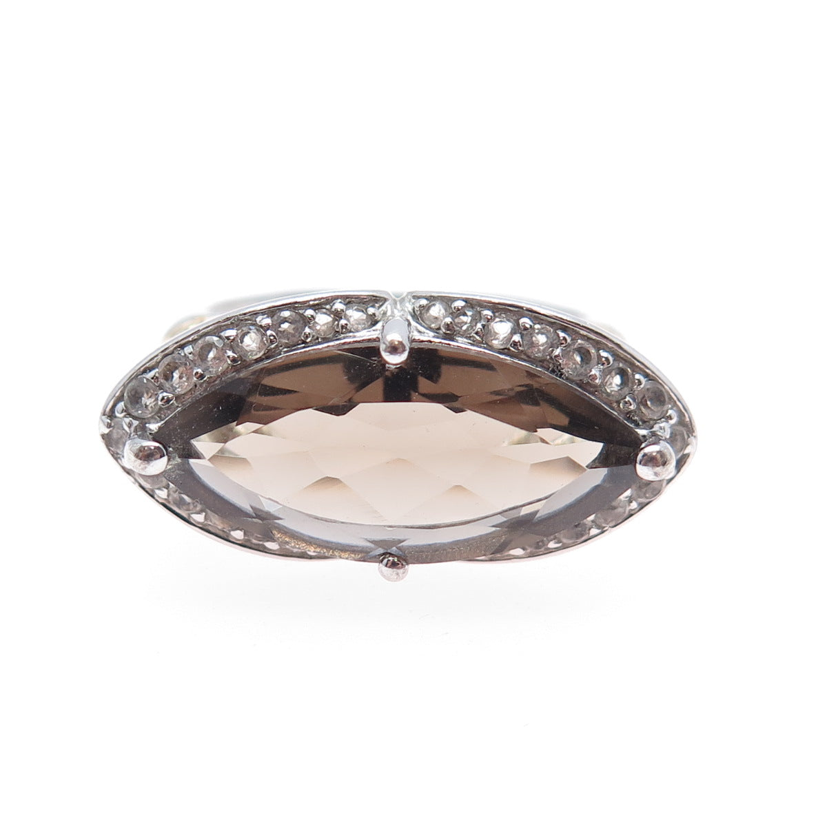 925 Sterling Silver 2-Tone Real Smoky Quartz & White Topaz Ring Size 9.25