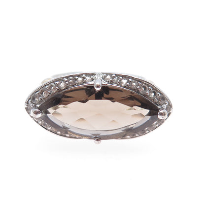 925 Sterling Silver 2-Tone Real Smoky Quartz & White Topaz Ring Size 9.25